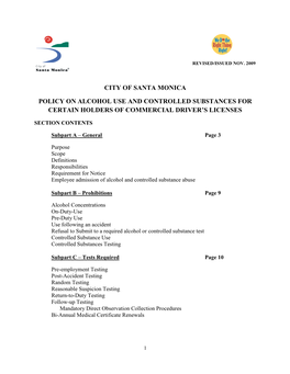 City of Santa Monica Policy on Alcohol Use and Controlled Substances for Certain Holders of Commercial Driver's Licenses