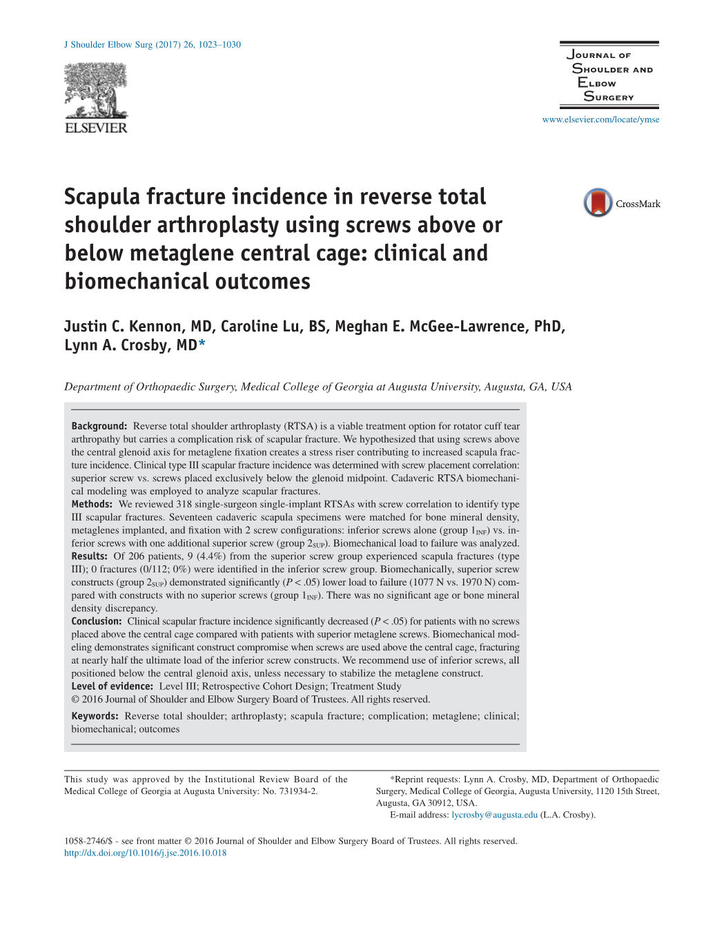 Scapula Fracture Incidence in Reverse Total Shoulder Arthroplasty Using Screws Above Or Below Metaglene Central Cage: Clinical and Biomechanical Outcomes