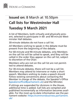 Westminster Hall Tuesday 9 March 2021