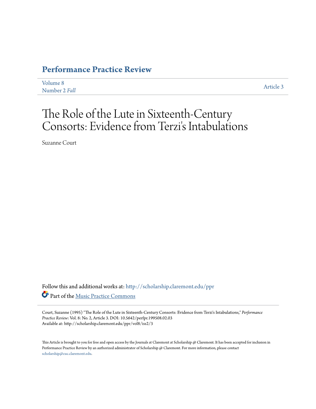 The Role of the Lute in Sixteenth-Century Consorts: Evidence from Terzi's Intabulations Suzanne Court