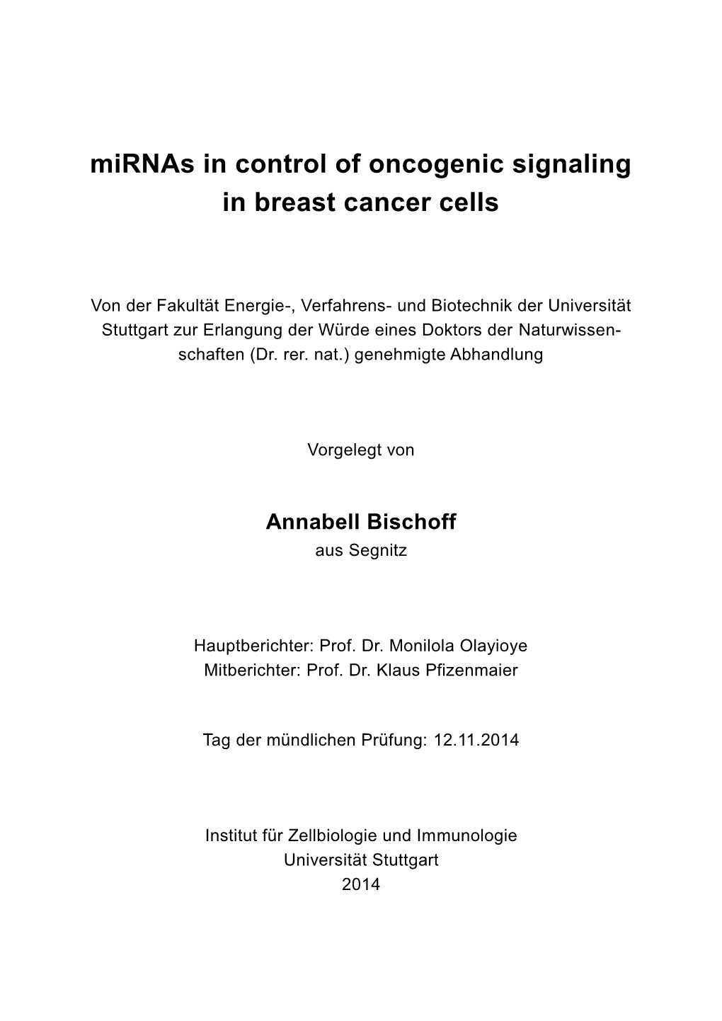 Mirnas in Control of Oncogenic Signaling in Breast Cancer Cells