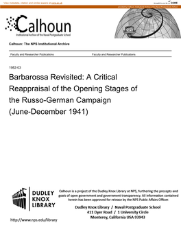 Barbarossa Revisited: a Critical Reappraisal of the Opening Stages of the Russo-German Campaign (June-December 1941)