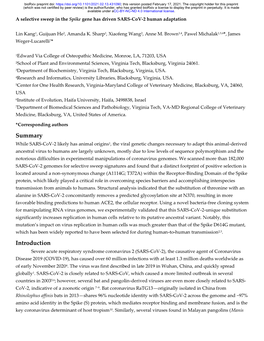 A Selective Sweep in the Spike Gene Has Driven SARS-Cov-2 Human Adaptation