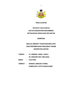 Teks Ucapan Yb Dato' Kaya Setia Datuk Nazran Bin