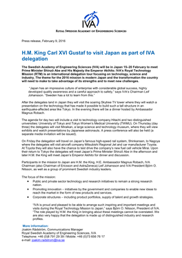 H.M. King Carl XVI Gustaf to Visit Japan As Part of IVA Delegation