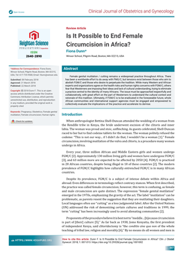 Is It Possible to End Female Circumcision in Africa? ISSN Fiona Dunn* 2640-2890 Winsor School, Pilgrim Road, Boston, MA 02215, USA