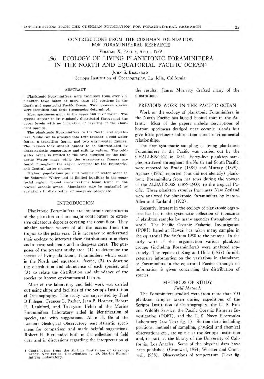 196. ECOLOGY of LIVING PLANKTONIC FORAMINIFERA in the NORTH and EQUATORIAL PACIFIC Oceanl JOHN S