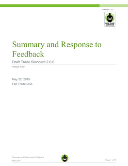 Summary and Response to Feedback Draft Trade Standard 2.0.0 Version 1.0.0