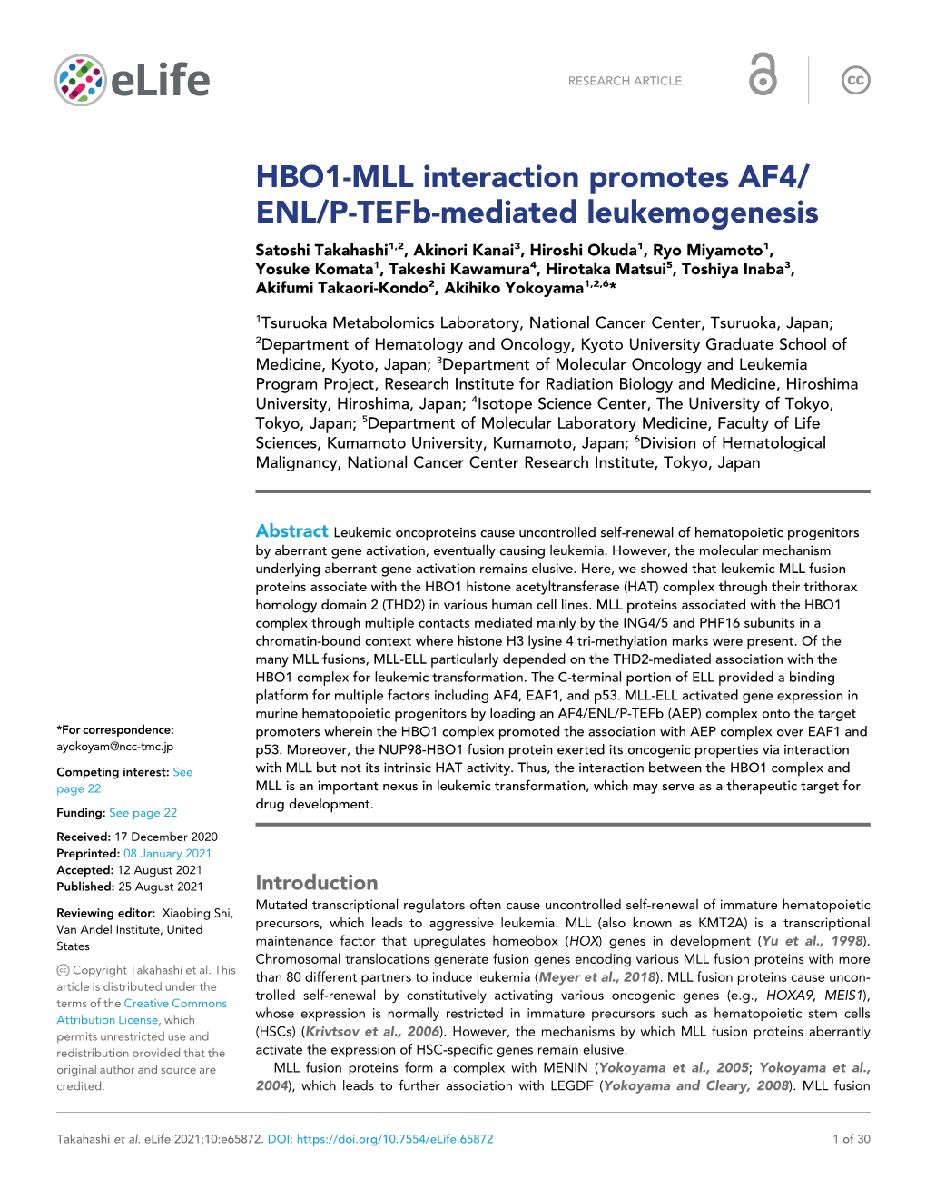 HBO1-MLL Interaction Promotes AF4/ ENL/P-Tefb-Mediated