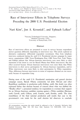 Race of Interviewer Effects in Telephone Surveys Preceding The