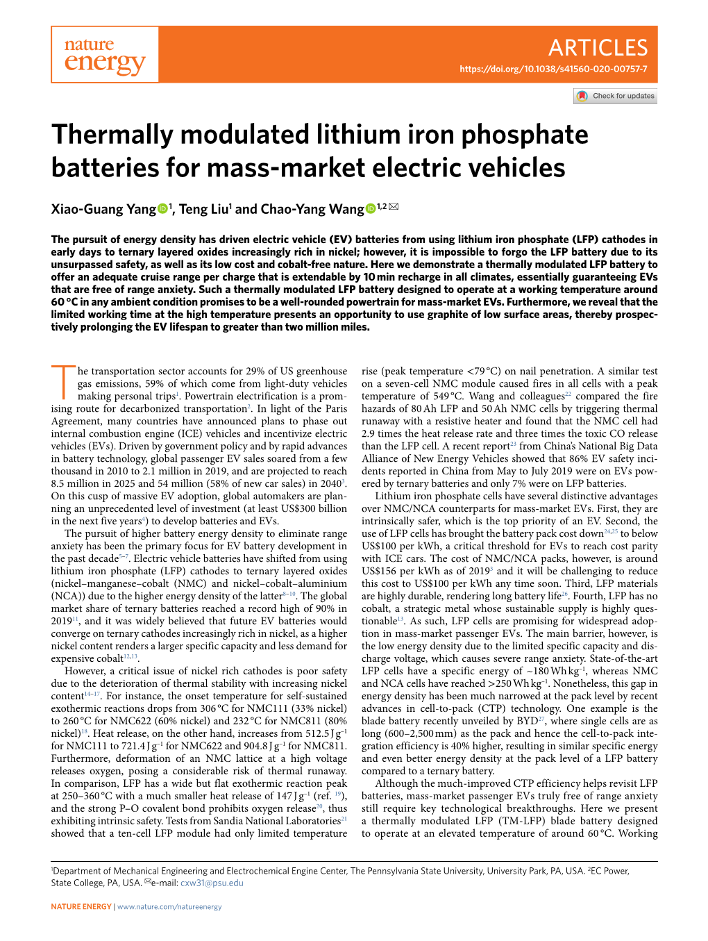 Thermally Modulated Lithium Iron Phosphate Batteries for Mass-Market Electric Vehicles