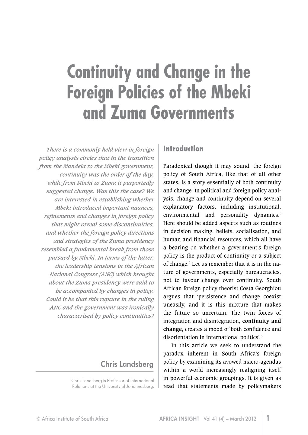 Continuity and Change in the Foreign Policies of the Mbeki and Zuma Governments