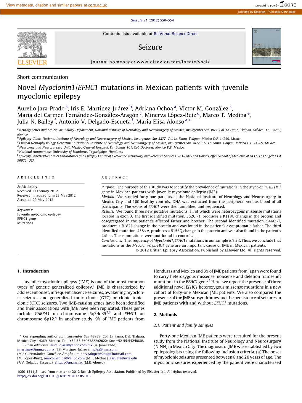 Novel Myoclonin1/EFHC1 Mutations in Mexican Patients with Juvenile