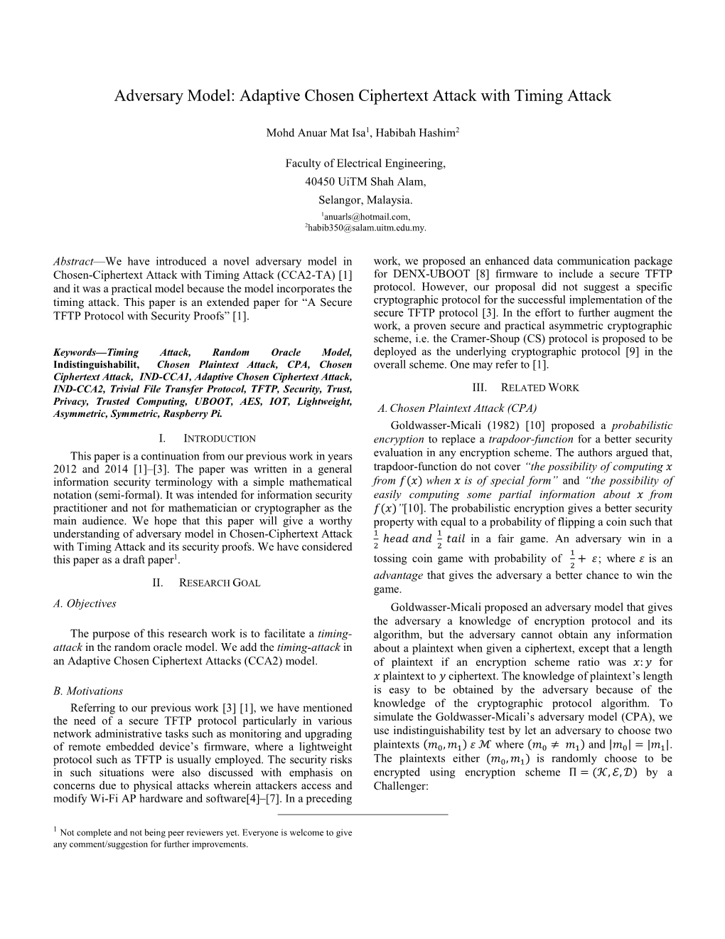 Adversary Model: Adaptive Chosen Ciphertext Attack with Timing Attack