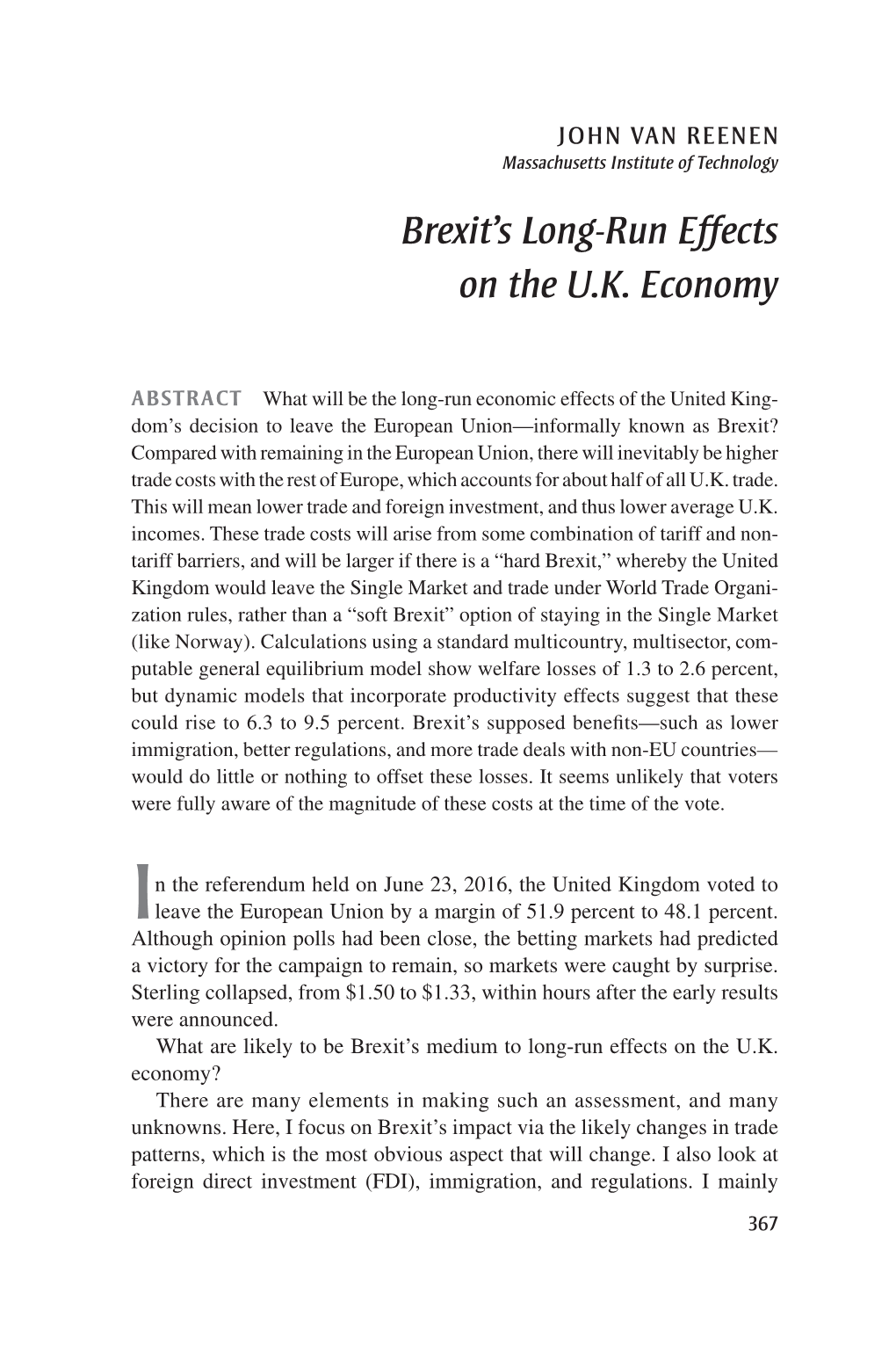 Brexit's Long-Run Effects on the U.K. Economy