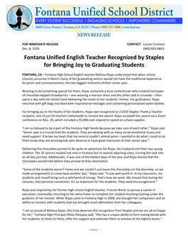 Fontana Unified English Teacher Recognized by Staples for Bringing Joy to Graduating Students