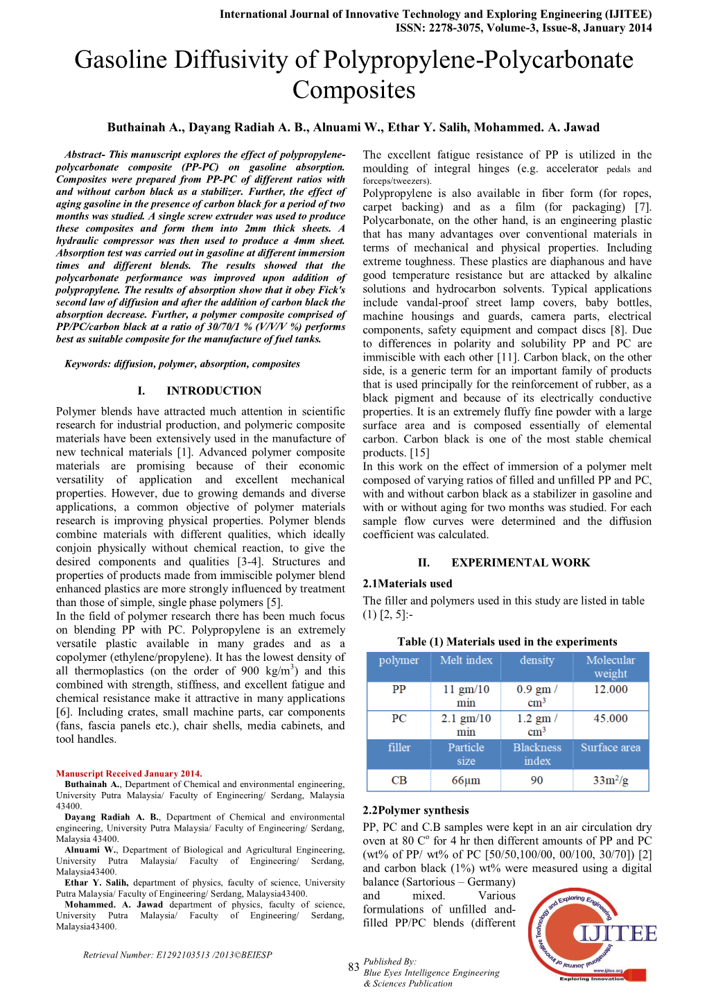 Gasoline Diffusivity of Polypropylene-Polycarbonate Composites