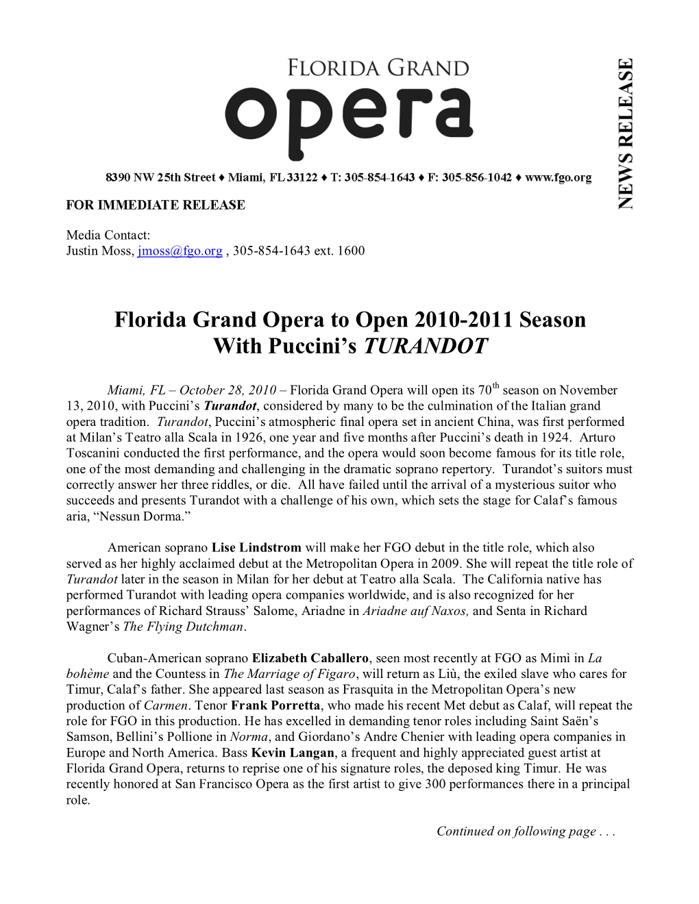 Florida Grand Opera to Open 2010-2011 Season with Puccini's