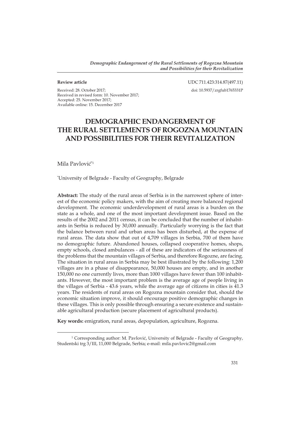 Demographic Endangerment of the Rural Settlements of Rogozna Mountain and Possibilities for Their Revitalization