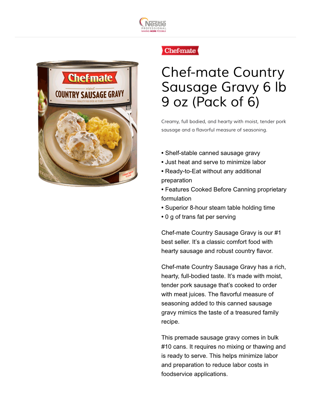 Chef-Mate Country Sausage Gravy 6 Lb 9 Oz (Pack of 6)