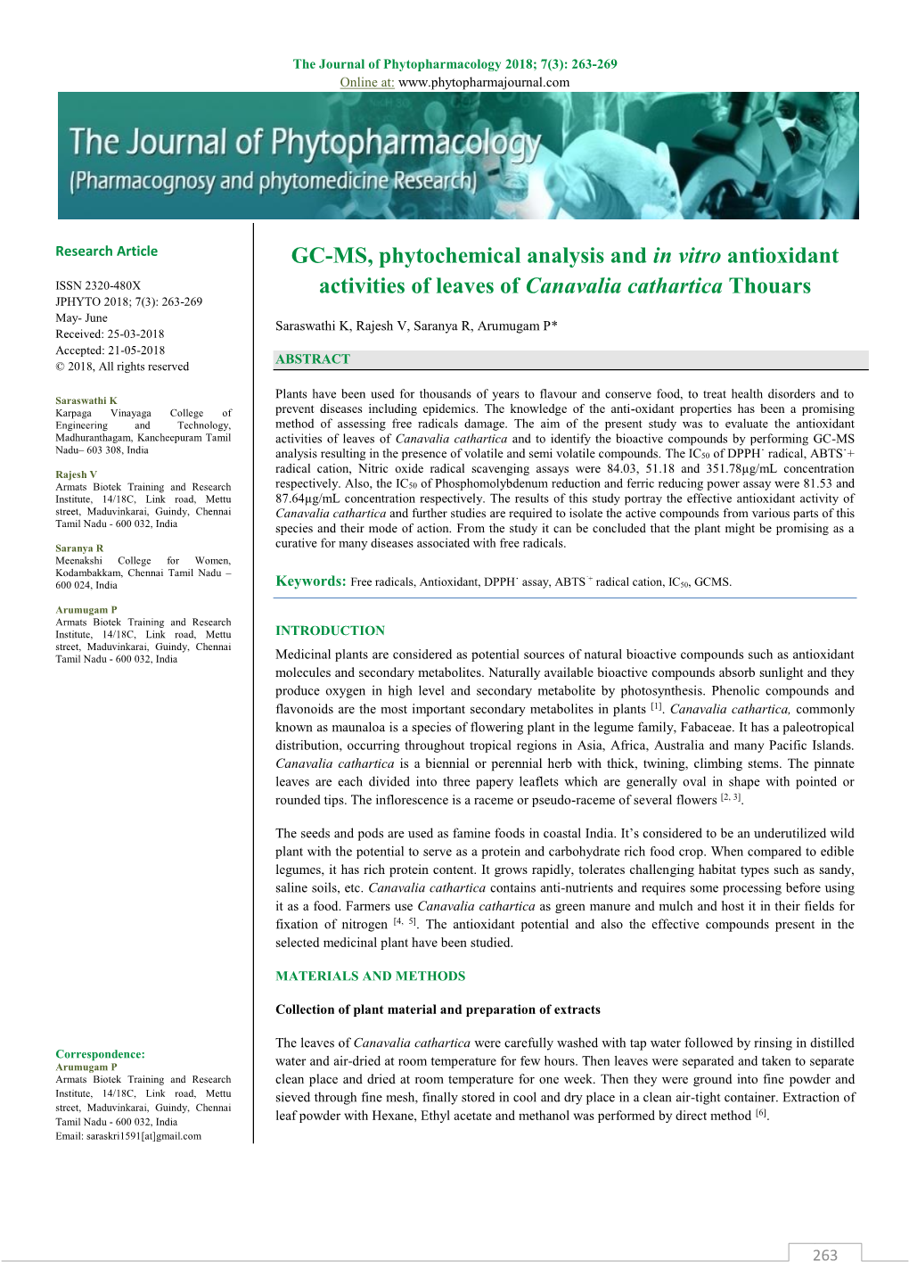 GC-MS, Phytochemical Analysis and in Vitro Antioxidant Activities of Leaves of Canavalia Cathartica Thouars