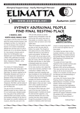 SYDNEY ABORIGINAL PEOPLE FIND FINAL RESTING PLACE 3 MARCH, 2005 19Th and 20Th Centuries As Colonial Souvenirs and for Ethnographic Study