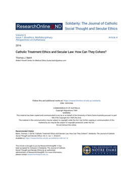 Catholic Treatment Ethics and Secular Law: How Can They Cohere?