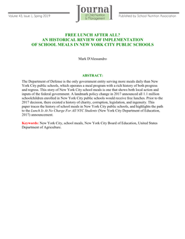 An Historical Review of Implementation of School Meals in New York City Public Schools