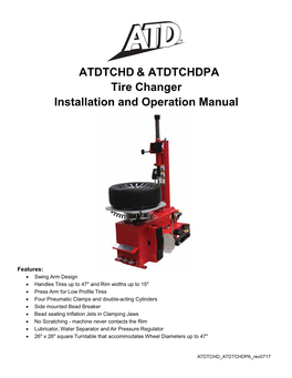 ATDTCHD & ATDTCHDPA Tire Changer Installation and Operation