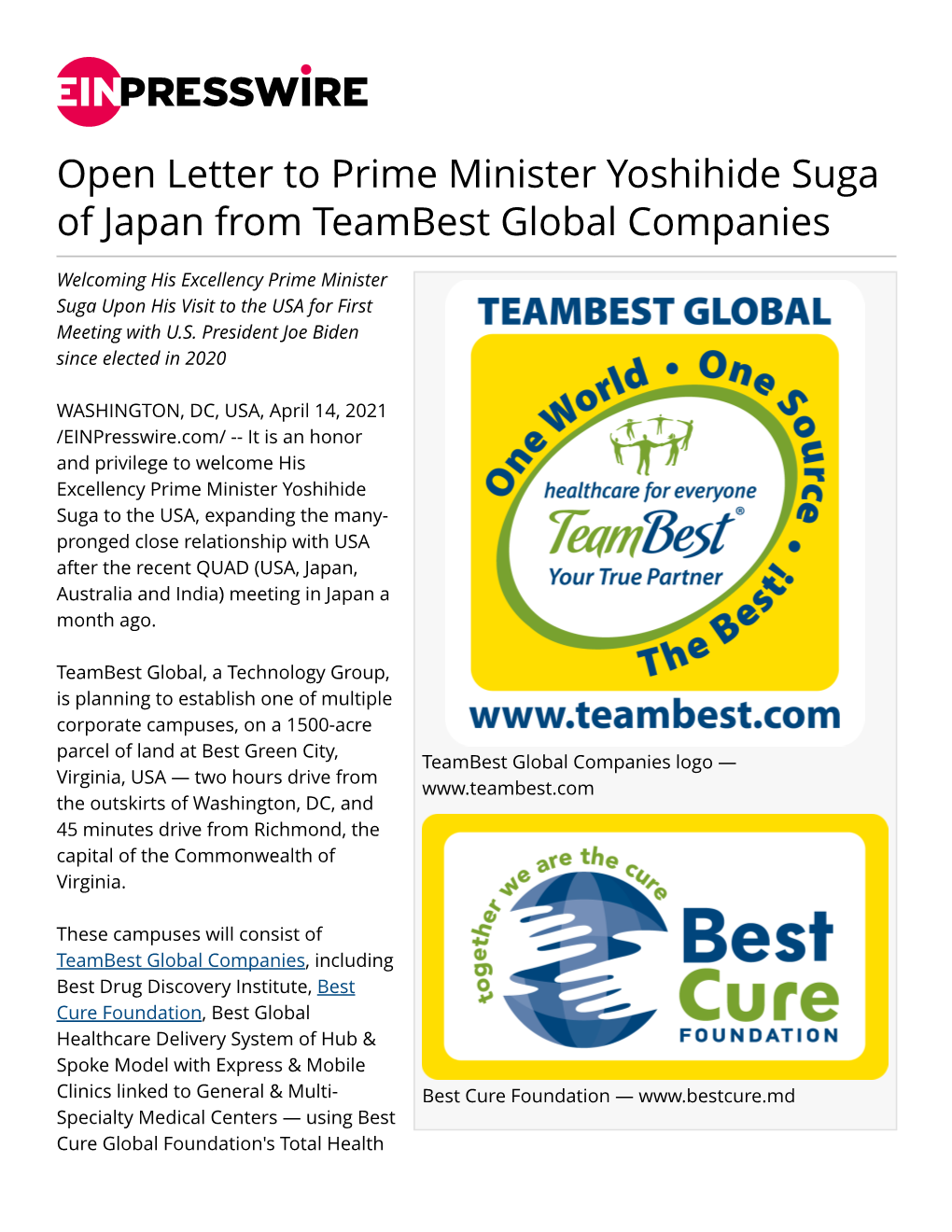 Open Letter to Prime Minister Yoshihide Suga of Japan from Teambest Global Companies