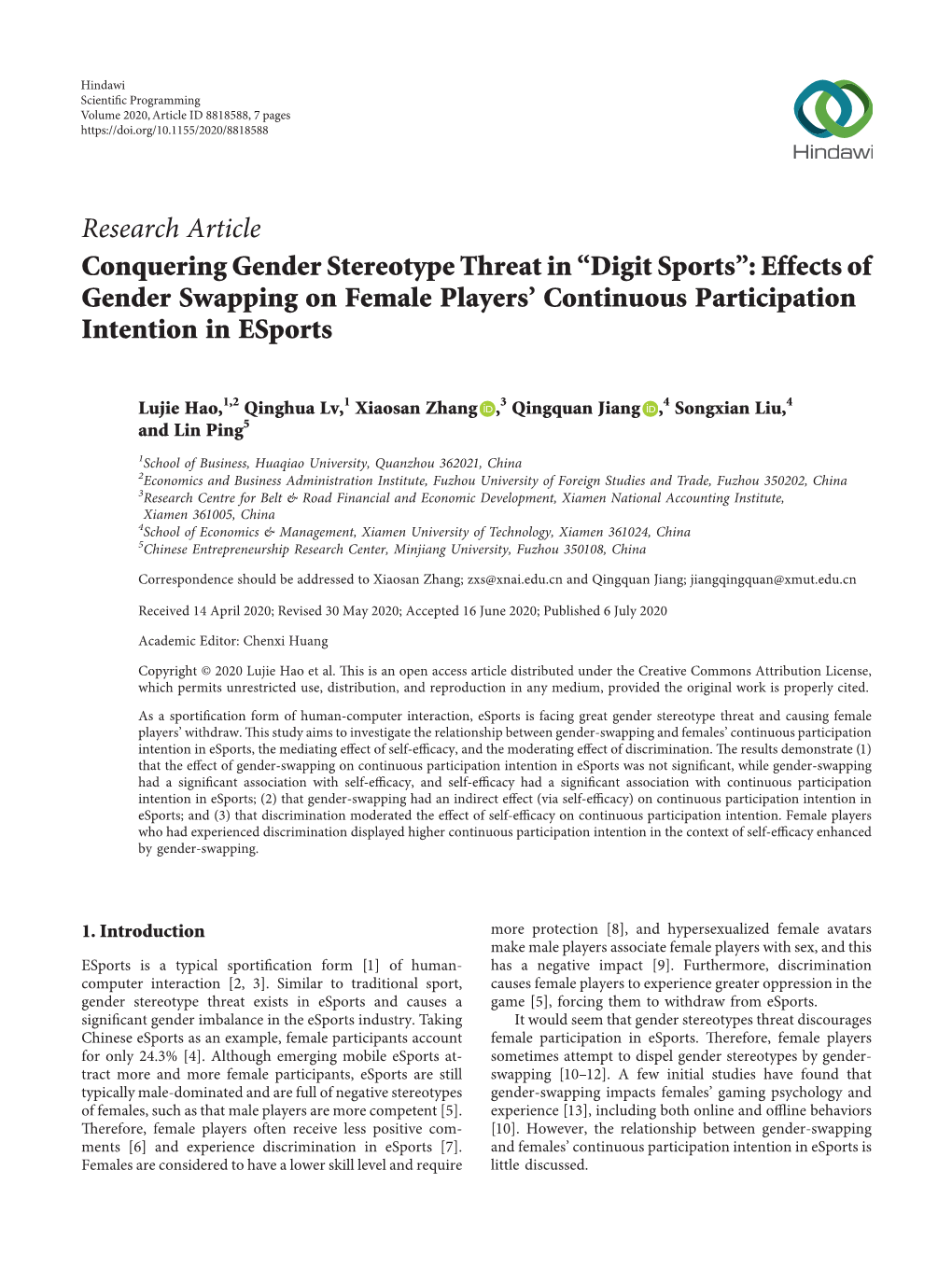 Conquering Gender Stereotype Threat in “Digit Sports”: Effects of Gender Swapping on Female Players' Continuous Participation Intention in Esports
