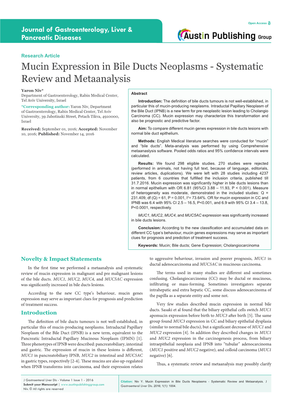 Mucin Expression in Bile Ducts Neoplasms - Systematic Review and Metaanalysis