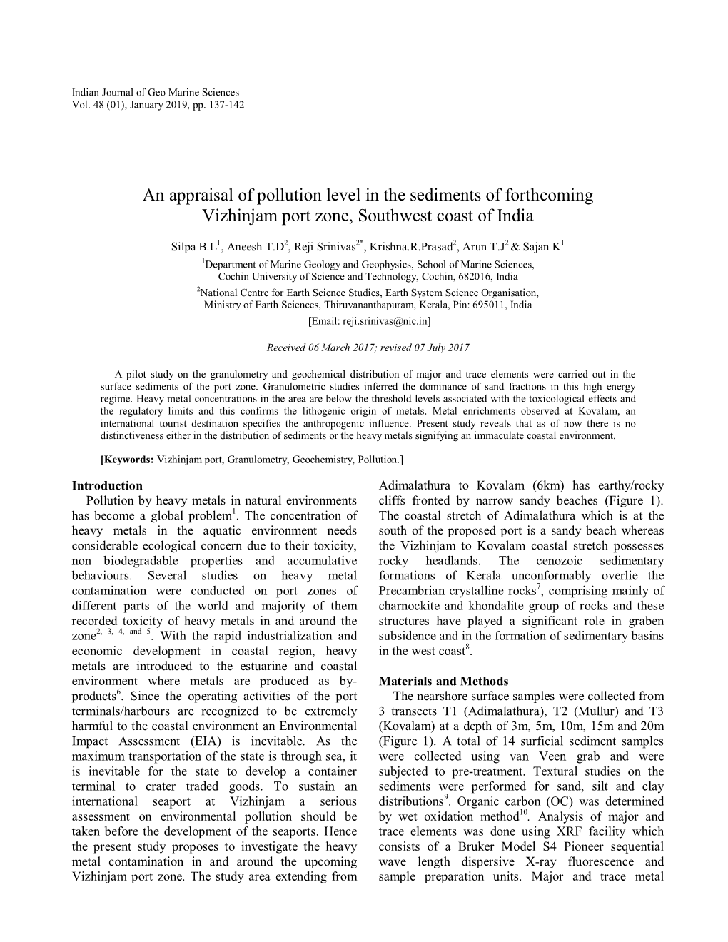 An Appraisal of Pollution Level in the Sediments of Forthcoming Vizhinjam Port Zone, Southwest Coast of India