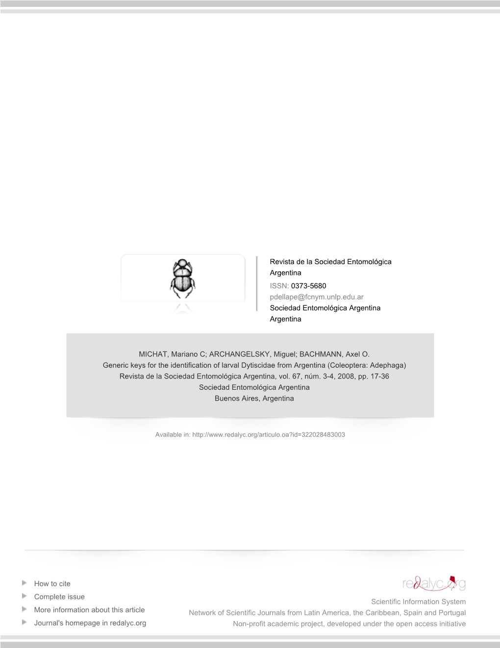 Redalyc.Generic Keys for the Identification of Larval Dytiscidae