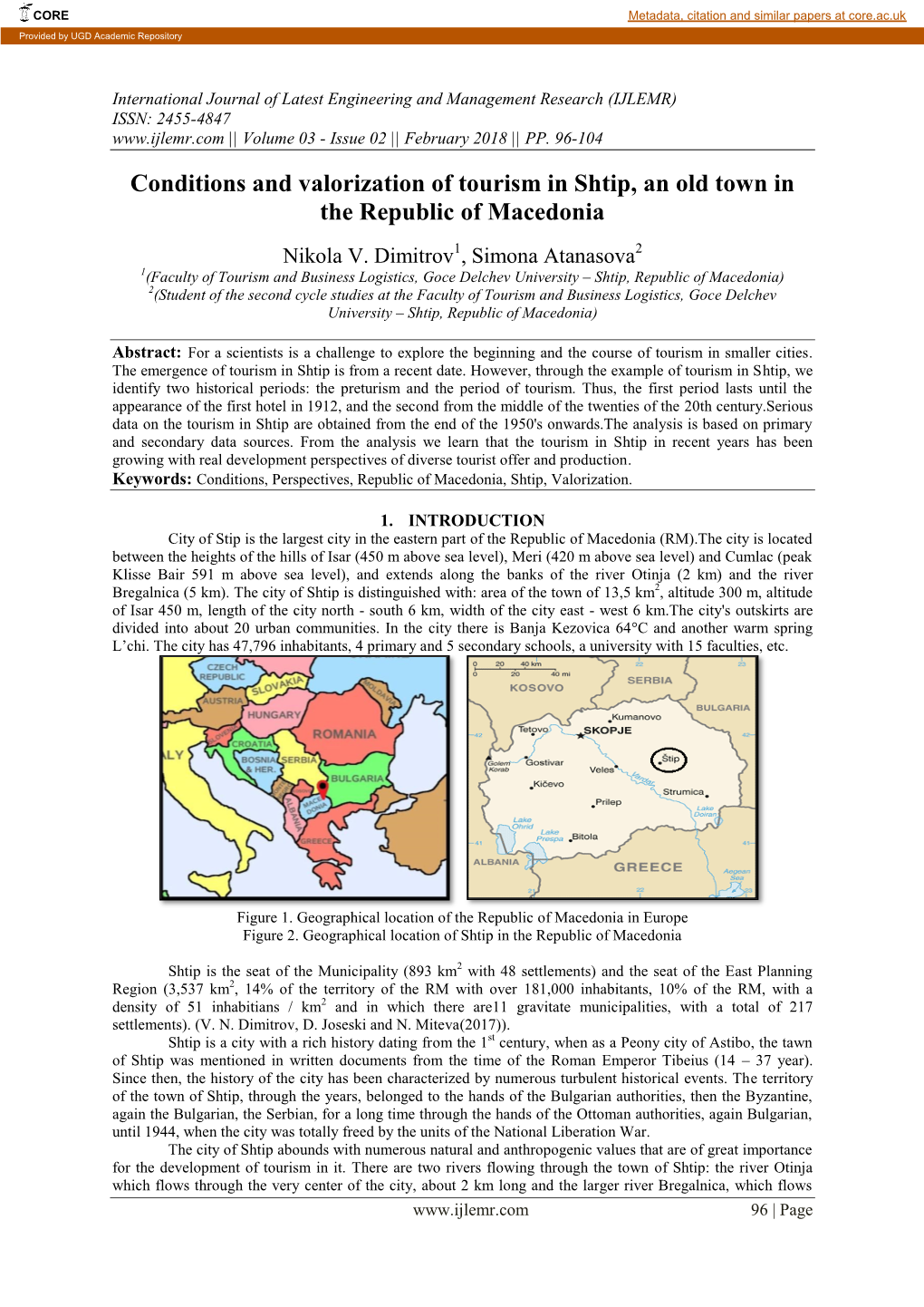 Conditions and Valorization of Tourism in Shtip, an Old Town in the Republic of Macedonia