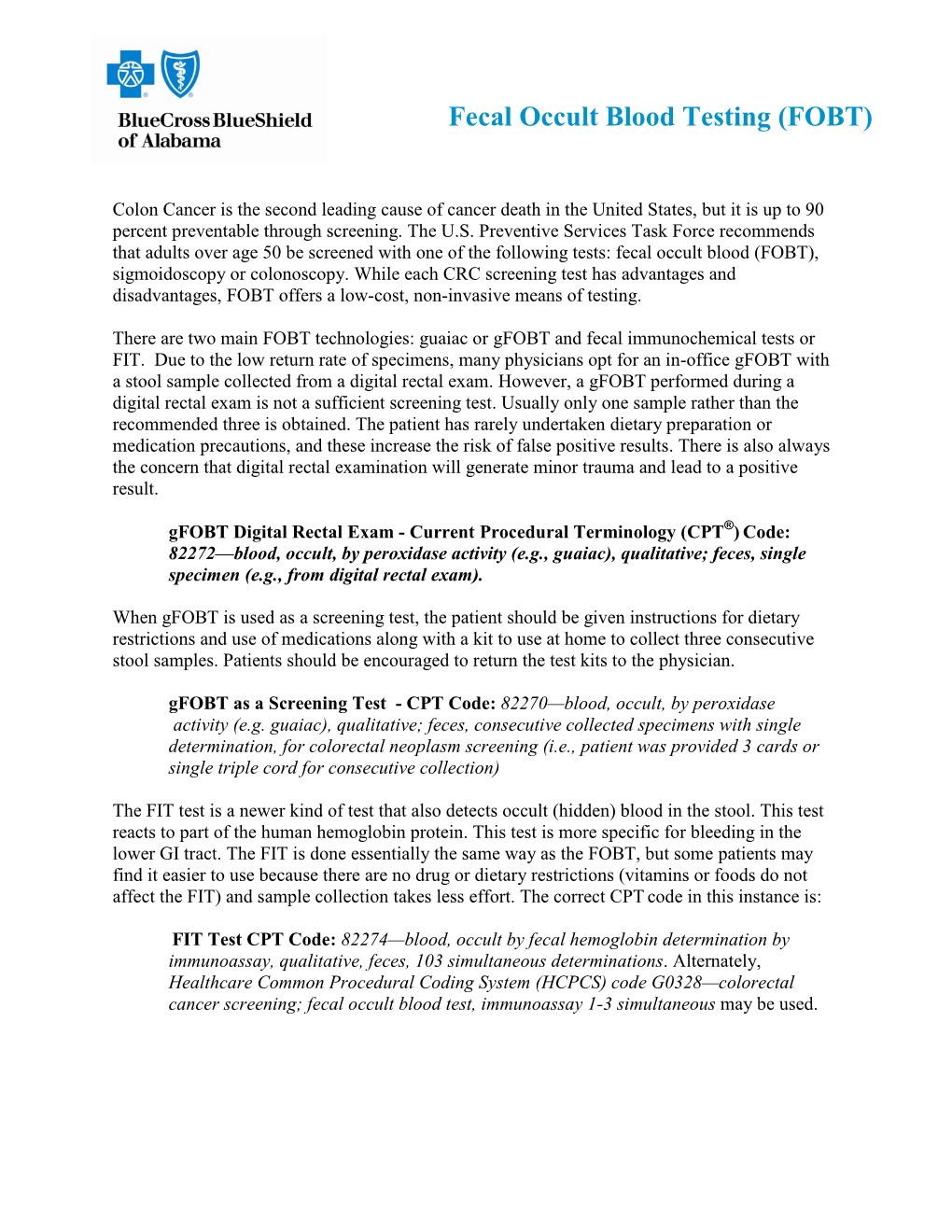 Fecal Occult Blood Testing (FOBT)