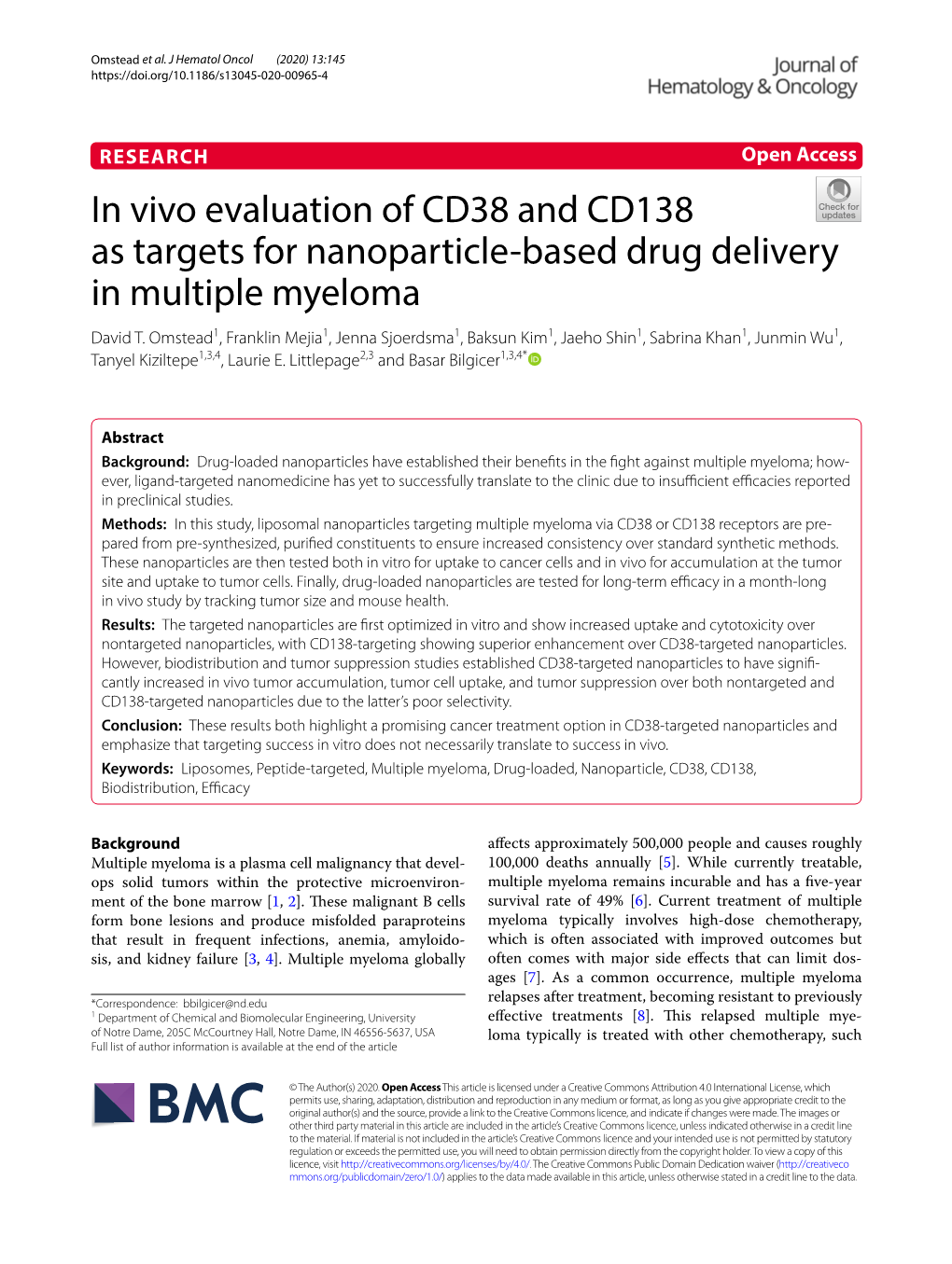 In Vivo Evaluation of CD38 and CD138 As Targets for Nanoparticle-Based