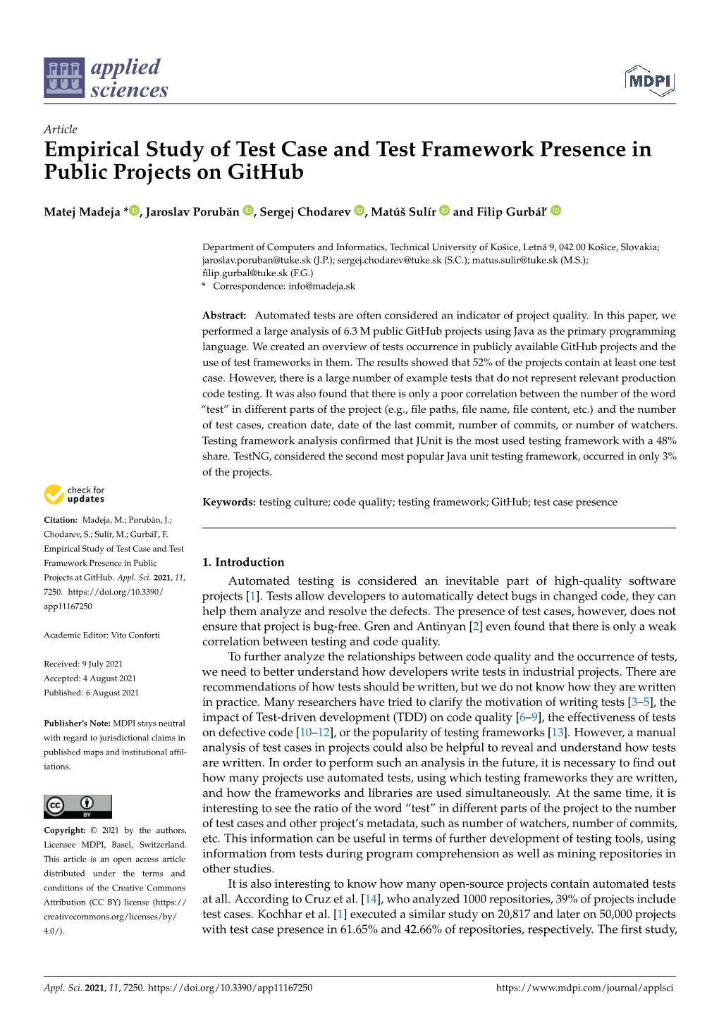 Empirical Study of Test Case and Test Framework Presence in Public Projects on Github