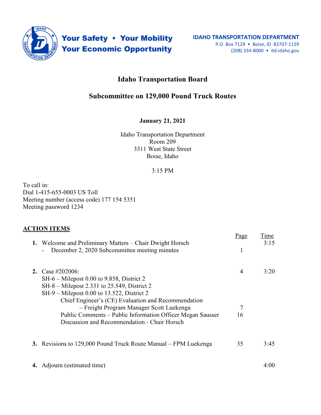 Idaho Transportation Board Subcommittee on 129,000 Pound