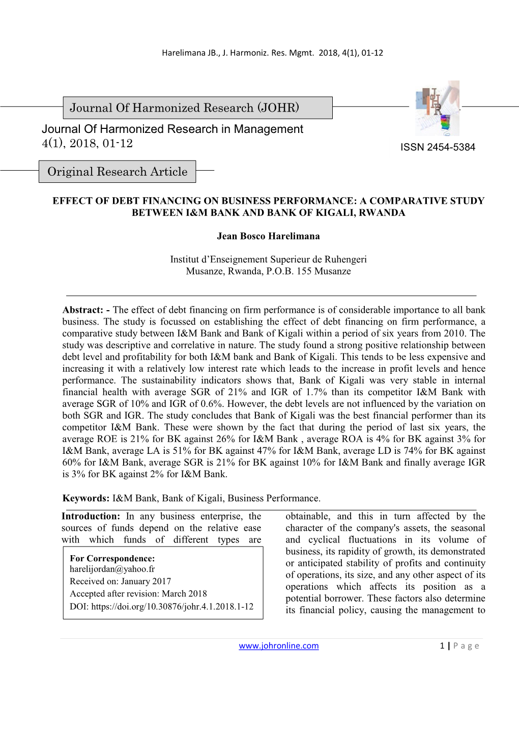 23 Effect of Debt Financing on Business Performance: a Comparative Study Between I&M Bank and Bank of Kigali, Rwanda