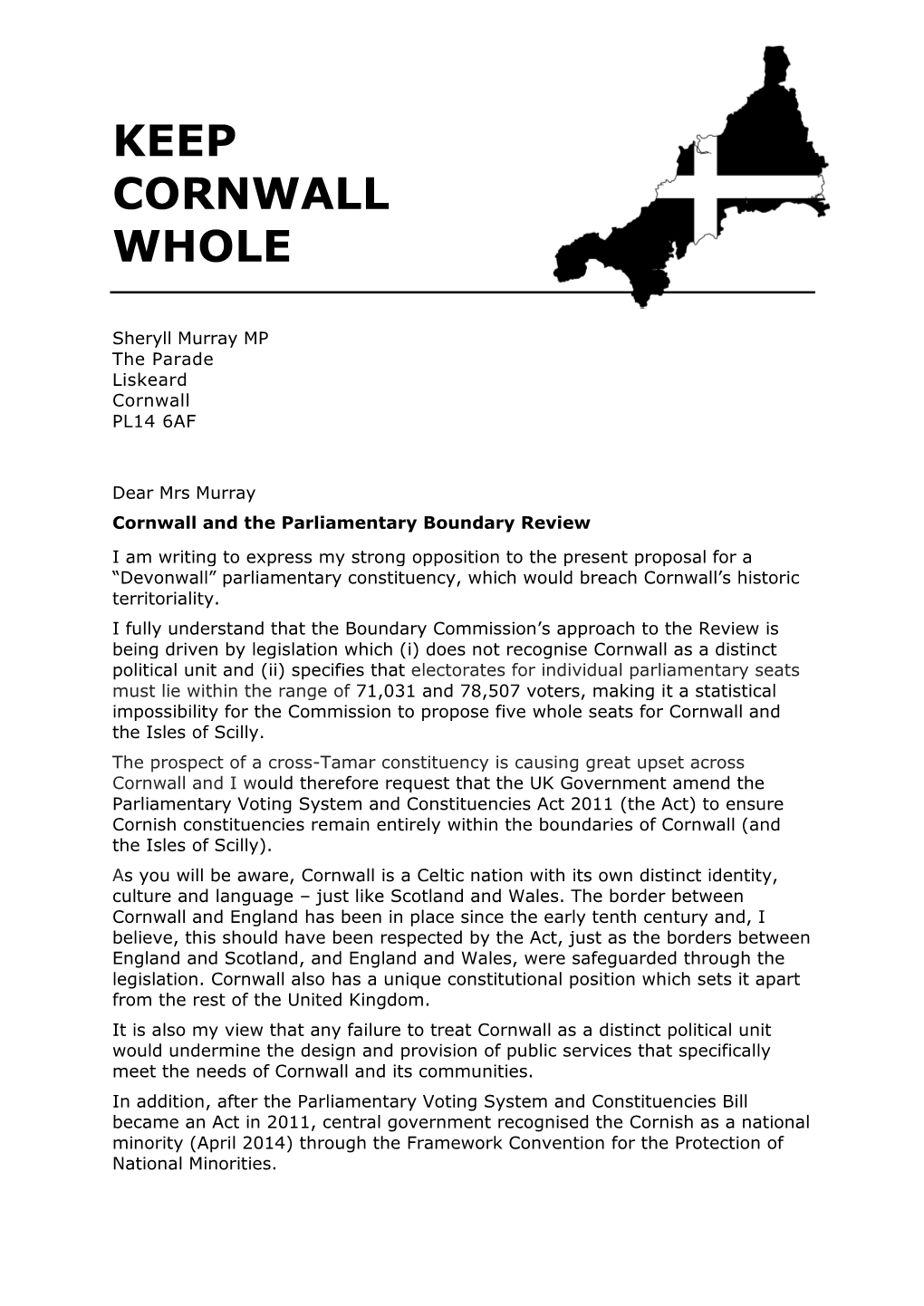 Letter to Sheryll Murray MP (South East Cornwall)