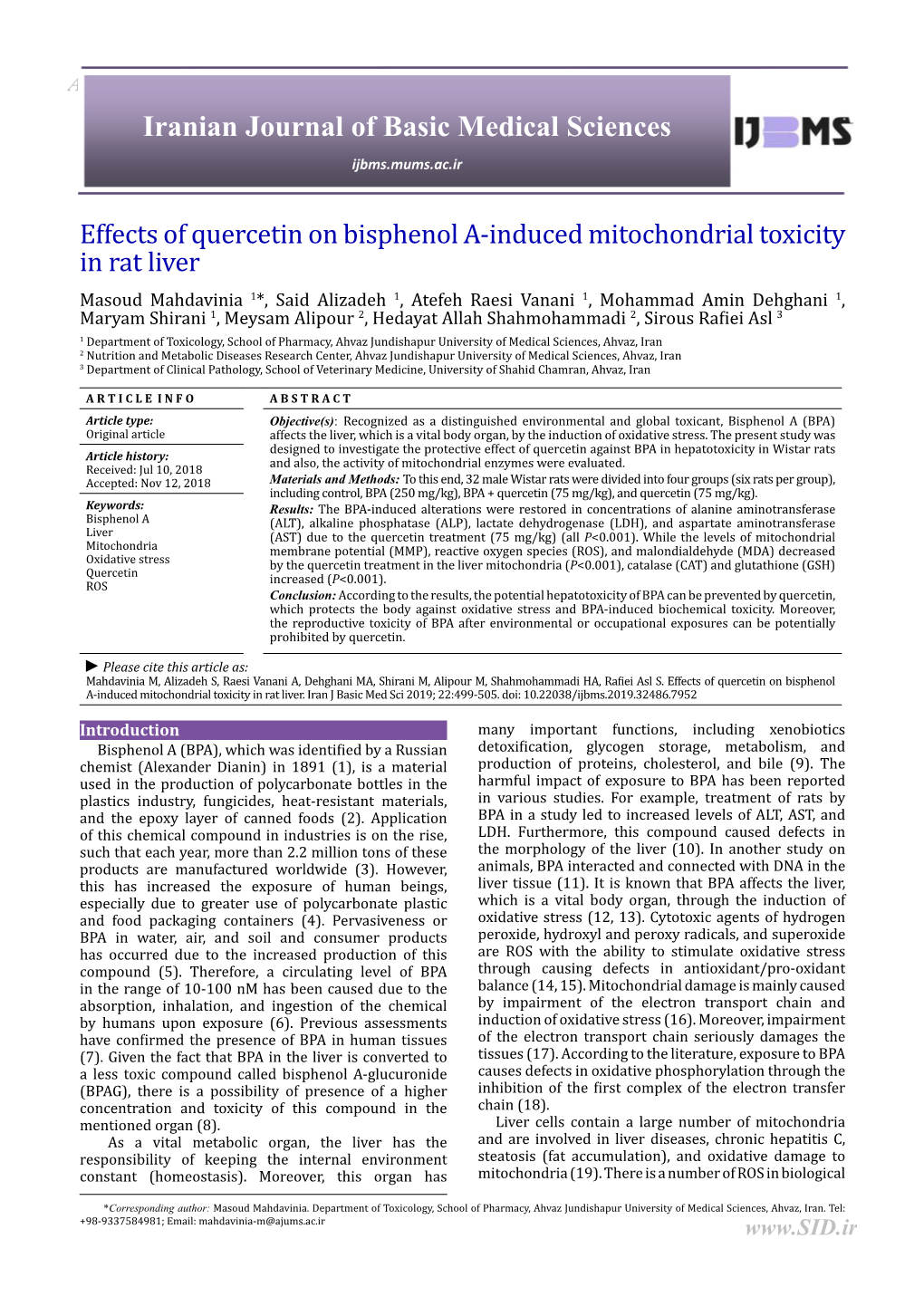 Effects of Quercetin on Bisphenol A-Induced Mitochondrial Toxicity In