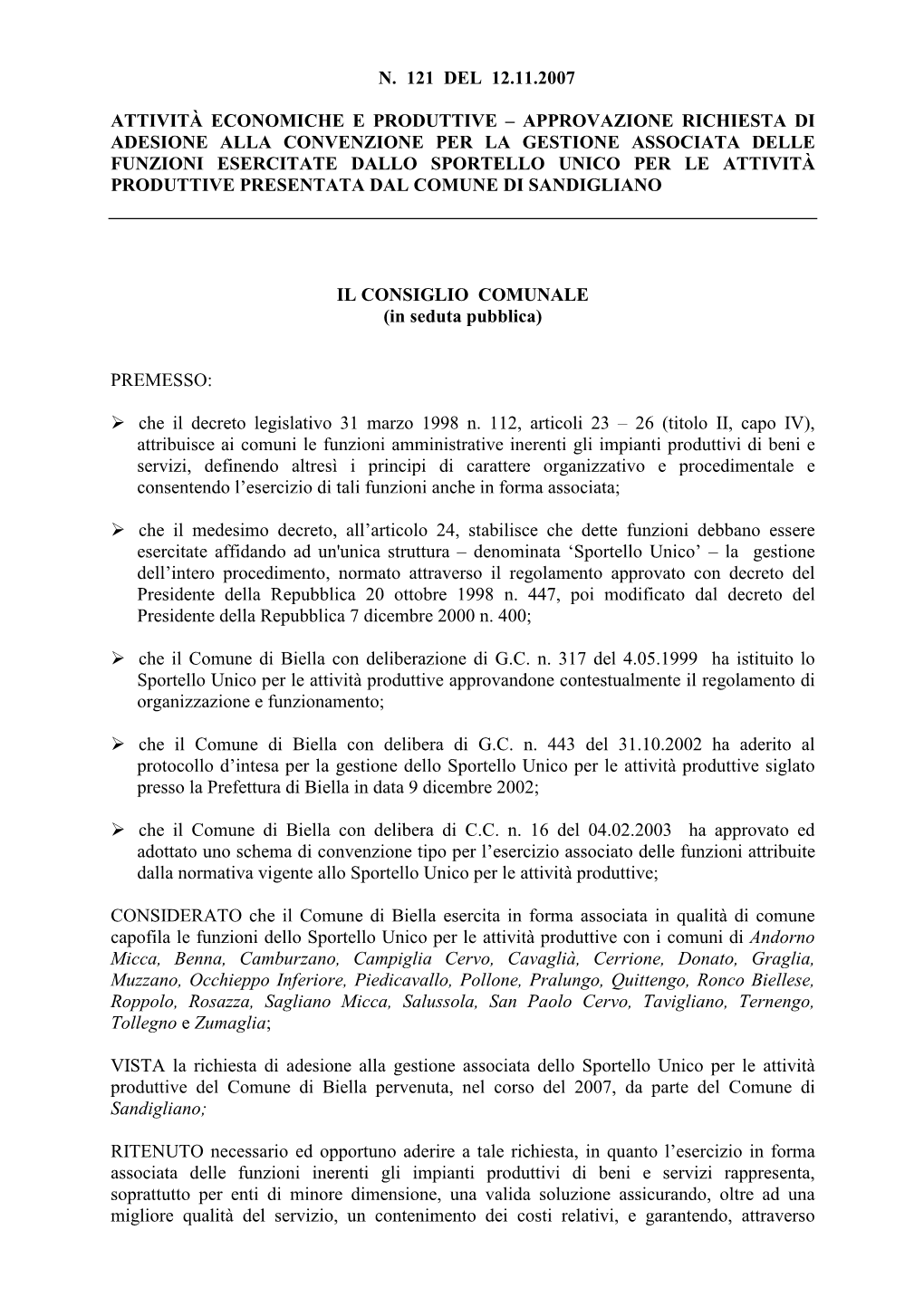 N. 121 Del 12.11.2007 Attività Economiche E Produttive