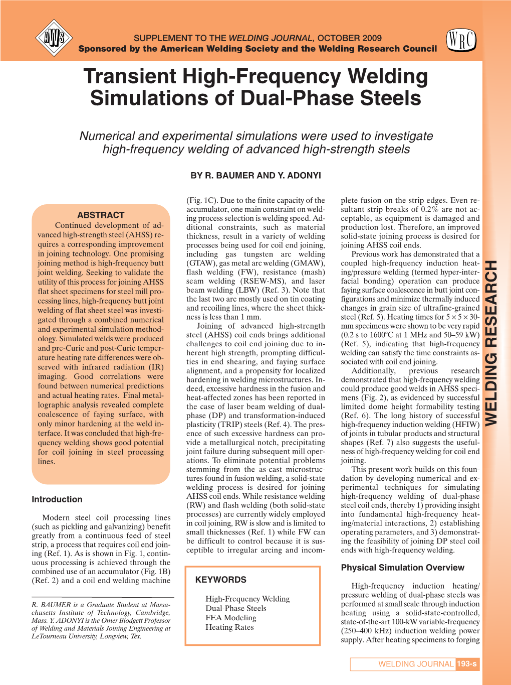 Transient High-Frequency Welding Simulations of Dual-Phase Steels