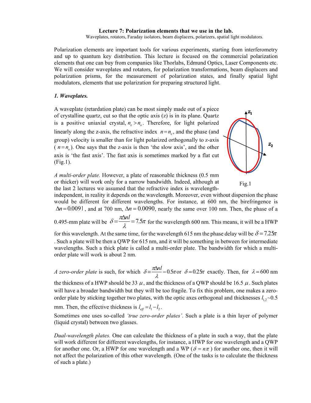 Lecture 7: Polarization Elements That We Use in the Lab. Waveplates, Rotators, Faraday Isolators, Beam Displacers, Polarizers, Spatial Light Modulators