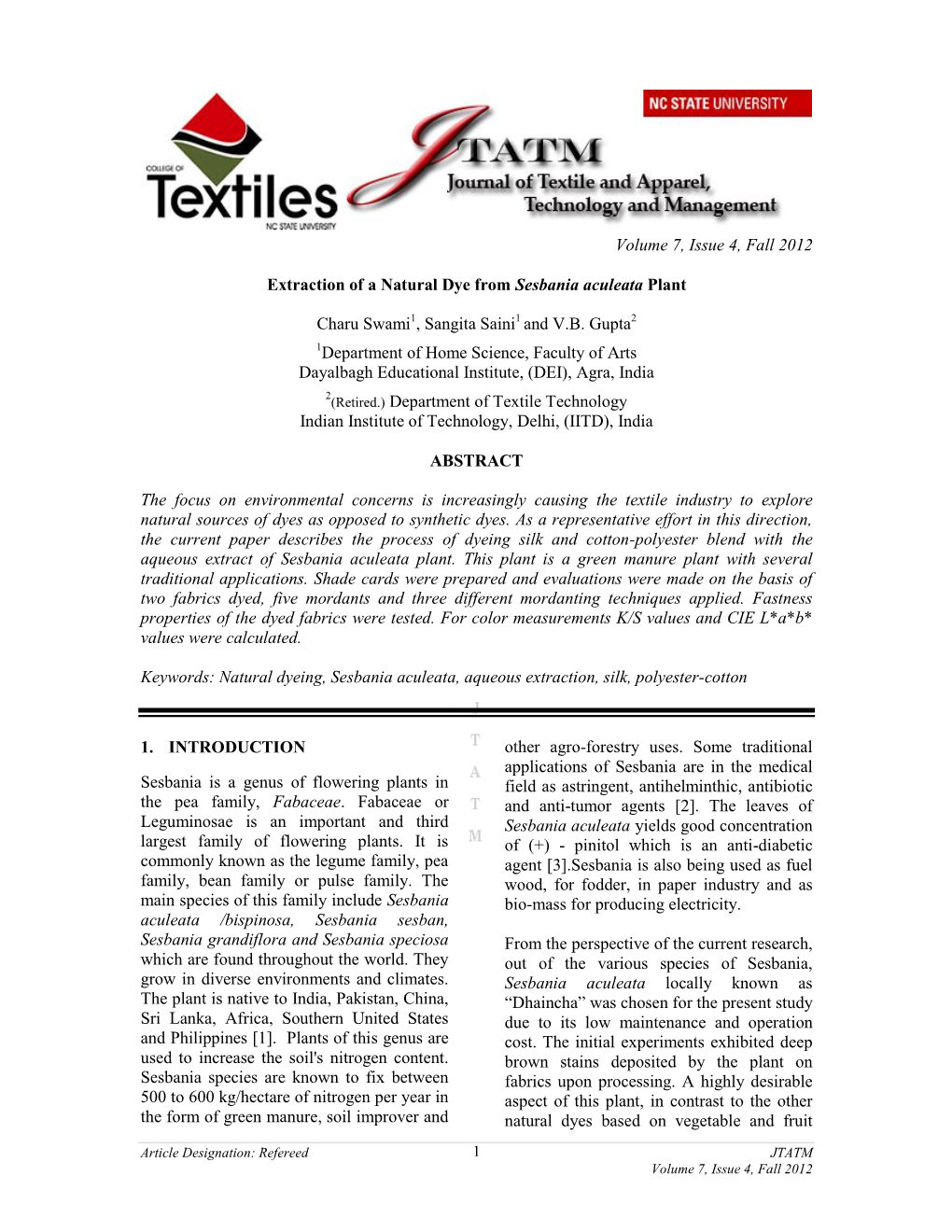 Extraction of a Natural Dye from Sesbania Aculeata Plant