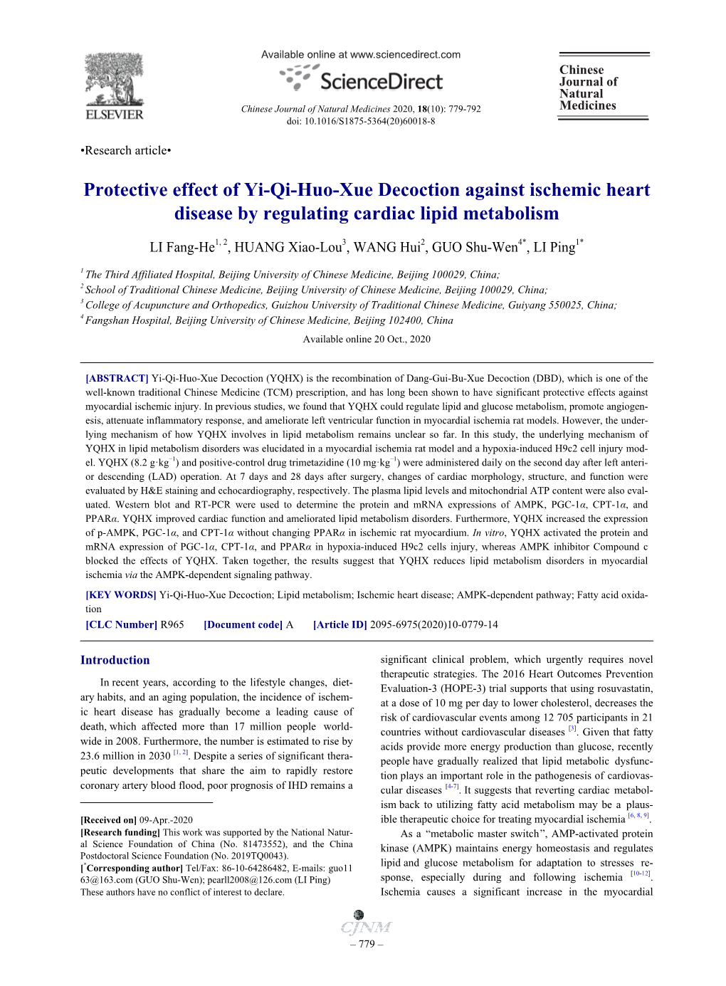 Protective Effect of Yi-Qi-Huo-Xue Decoction Against Ischemic Heart Disease by Regulating Cardiac Lipid Metabolism