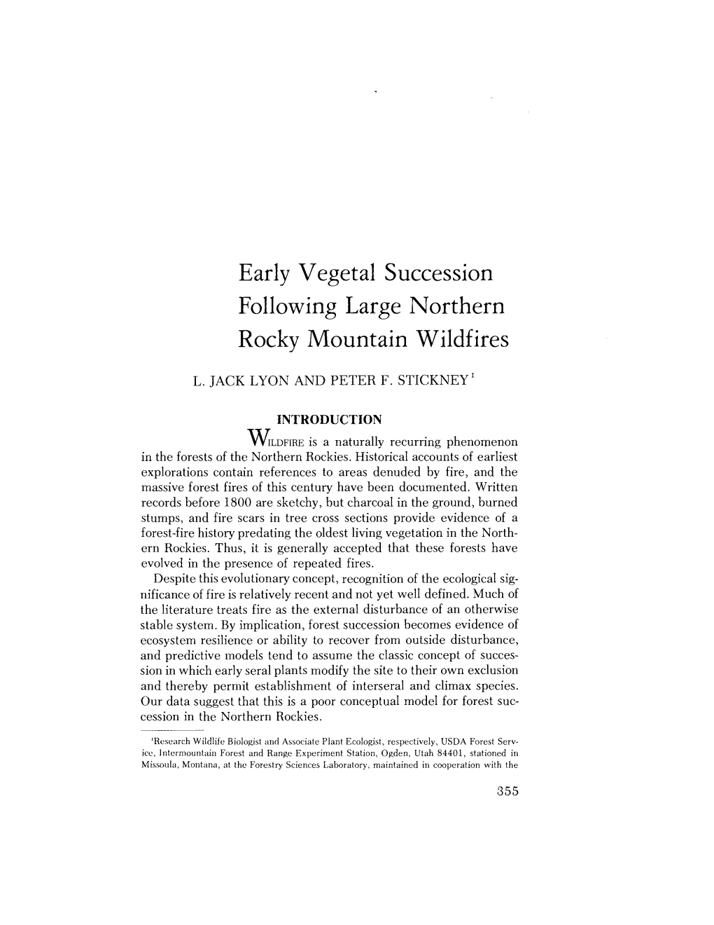 Early Vegetal Succession Following Large Northern Rocky Mountain Wildfires