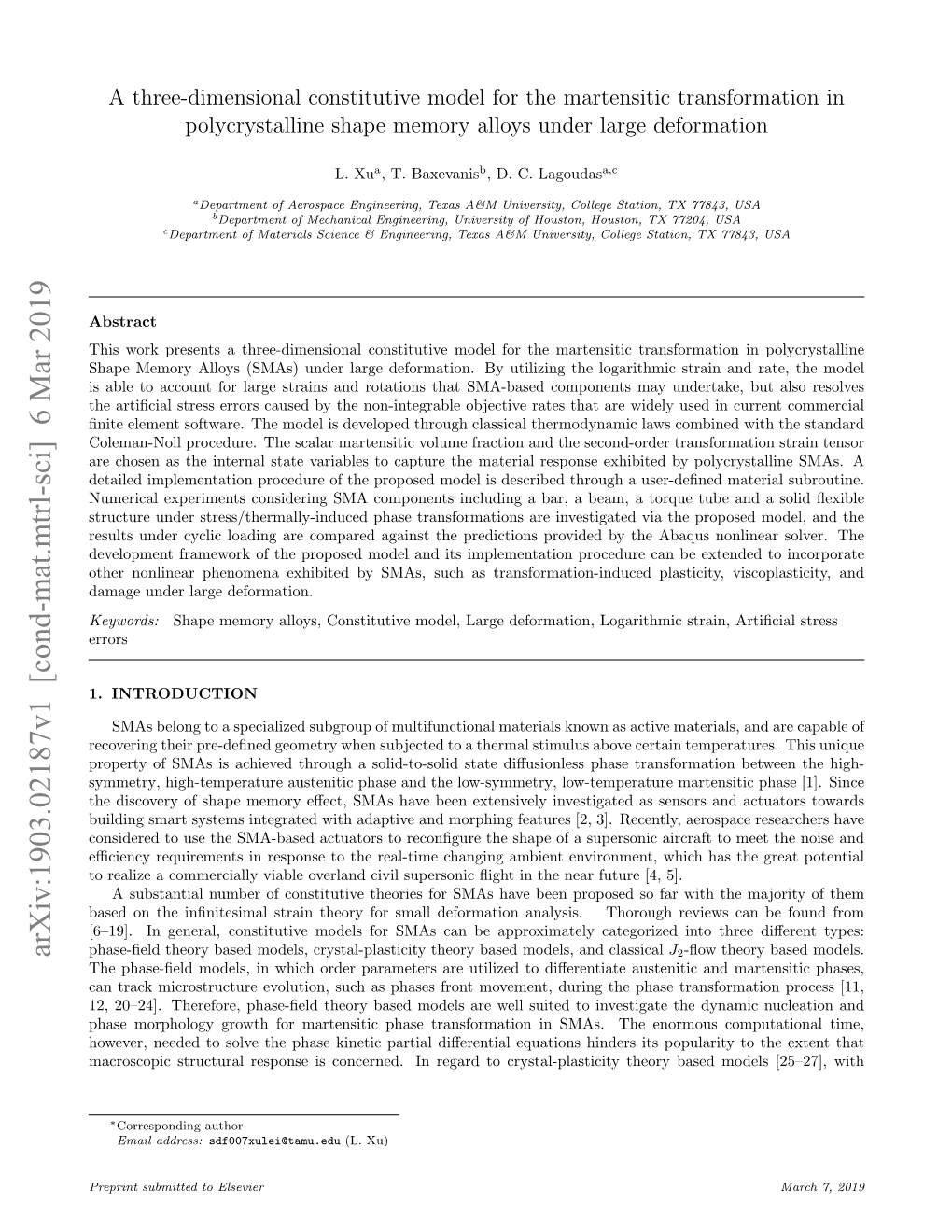 Arxiv:1903.02187V1 [Cond-Mat.Mtrl-Sci] 6 Mar 2019 Phase-ﬁeld Theory Based Models, Crystal-Plasticity Theory Based Models, and Classical J2-ﬂow Theory Based Models