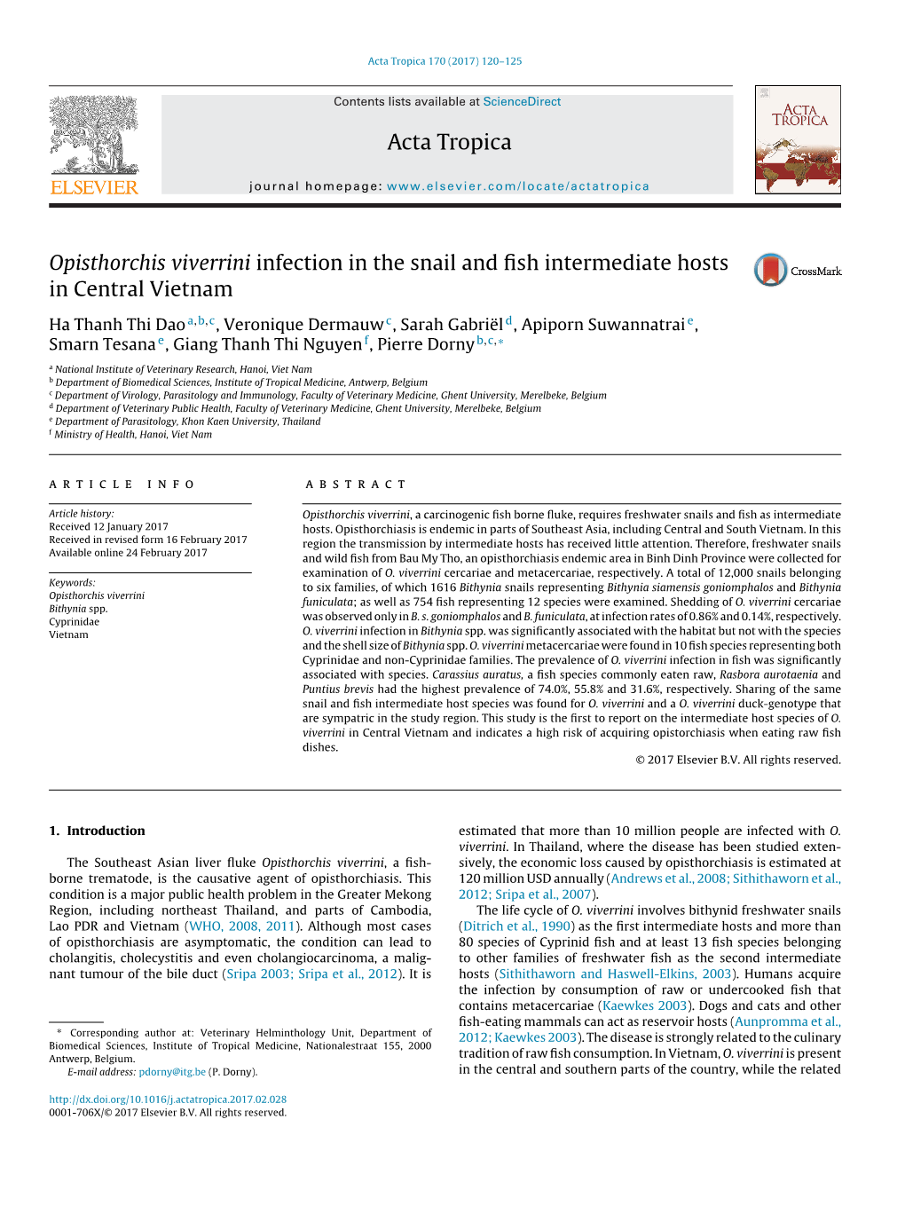 Opisthorchis Viverrini Infection in the Snail and Fish Intermediate Hosts In